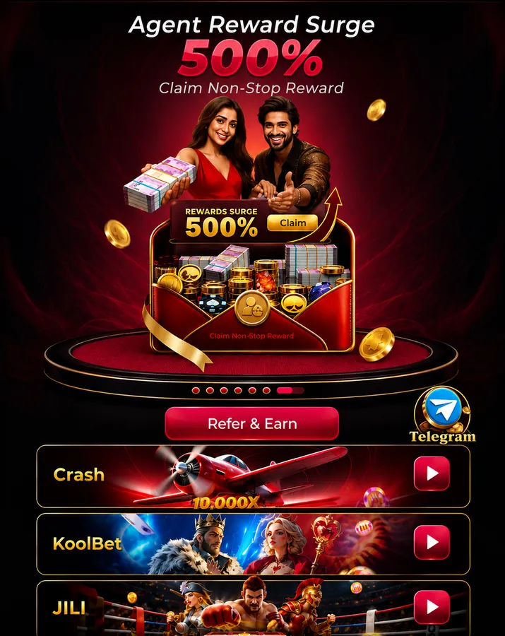 IV7 Game app dashboard showing the agent reward banner and the Crash, KoolBet and JILI game tiles