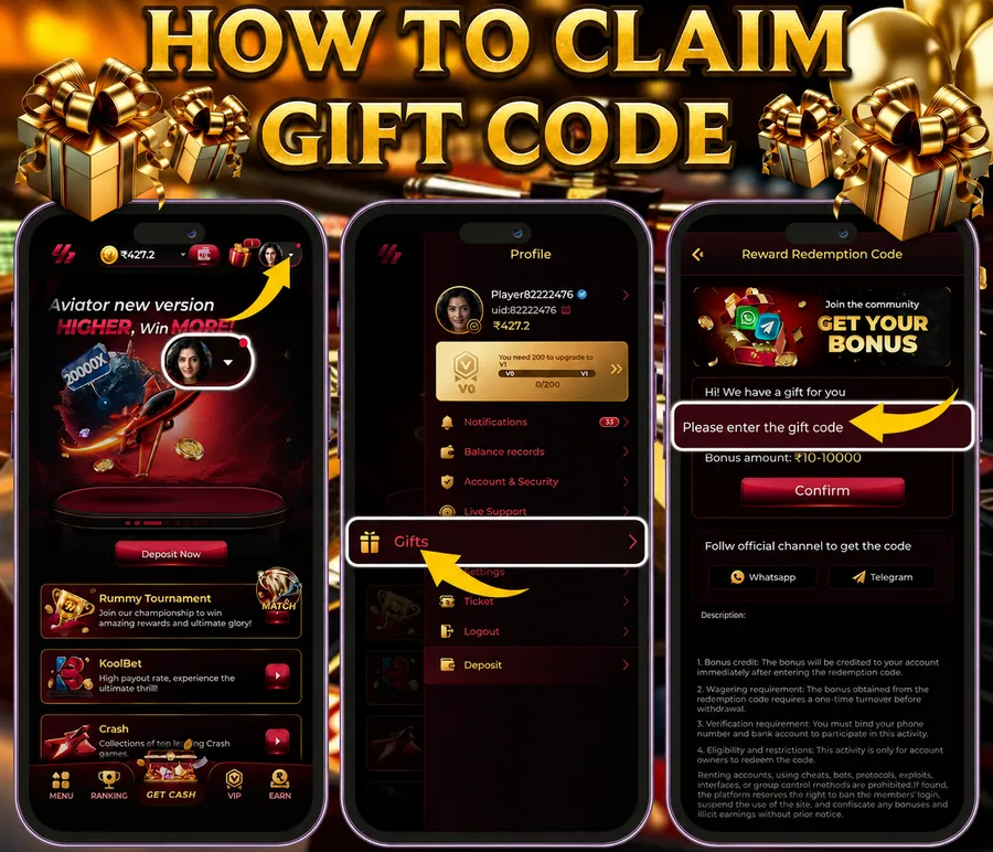 IV7 Game gift code redemption screens showing profile menu and redeem box