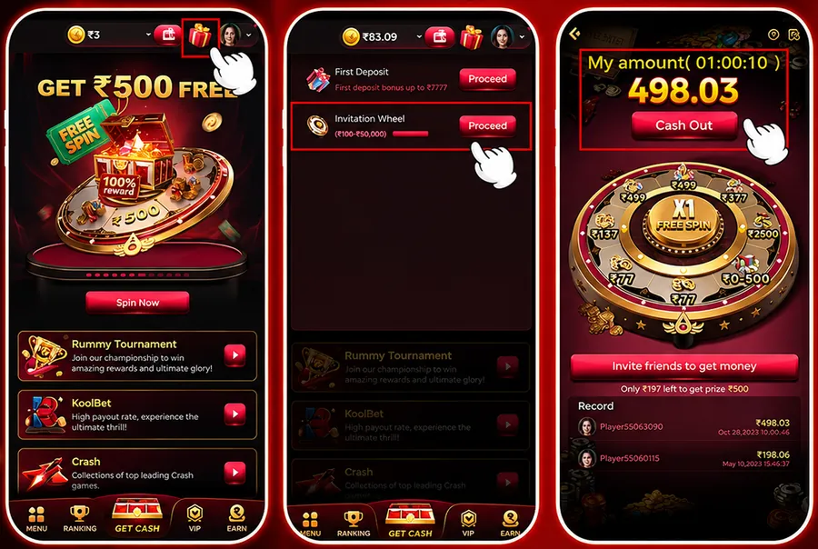 IV7 Game invite reward steps showing the gift box, invitation wheel and cash out timer